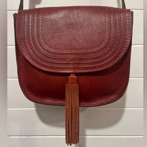 Lucky Bohemian Crossbody Saddle Bag Red/Brown Leather w/ Tassel 8 x 9 x 2.5 in.